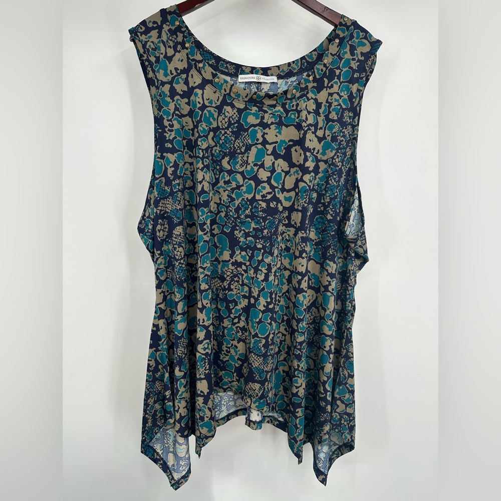 Signature Collection Stylish Blue and Tan Tunic Top Scoop Neck Sleeveless Blouse